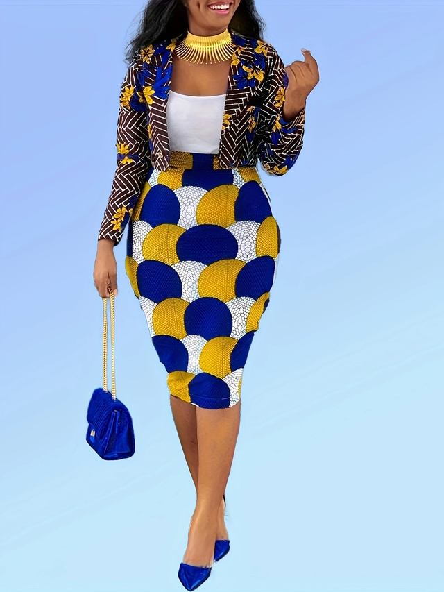  Women's Elegant Directional African Fashion Suit with a Printed Casual Two-Piece Set