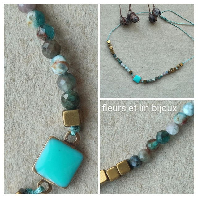 Z- Bracelet carré email et perles en turquoise véritable (pierres naturelles), monté sur fil de jade, très résistant, pièce unique 