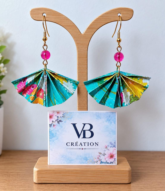 Boucles d'oreilles origami éventail papillon et perle rose