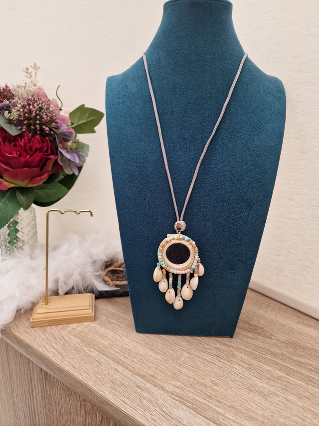 Collier Sautoir Miroir Bohème Macramé Attrape Rêves Coquillages Perles