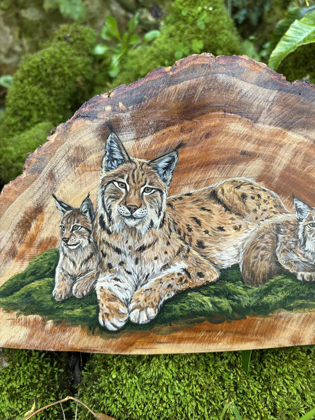 " Le chemin des Lynx " - Peinture Fragment bois unique 45 cm