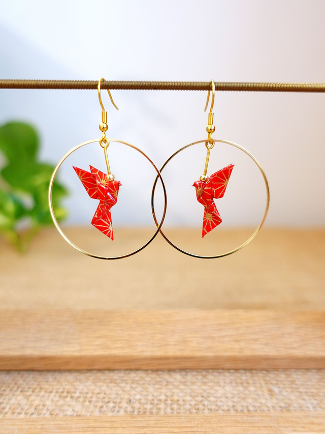 Oiseaux, Colombe en Origami / Papier japonais washi / Red, Or / Créole, Anneaux /  Boucles d&#039;oreilles / Bijou origami /