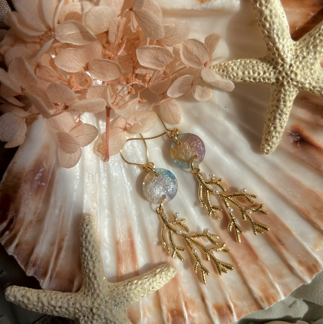 Coral Hook Earrings Holographic front Gold Plated