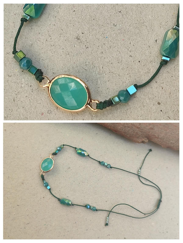 Agate verte &amp; verre vert/ turquoise,bracelet réglable, résistant en fil de jade