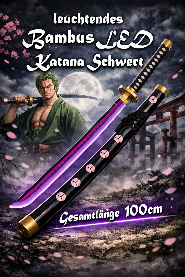 NEU Zoro Bambus LED Licht Samurai Schwert Katana 100cm groß für Cosplay Anime Merch Deko Lila-Licht