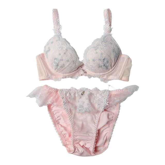 Pink + silver embroidered floral Japanese Bra + Underwear Set UK 30A 
