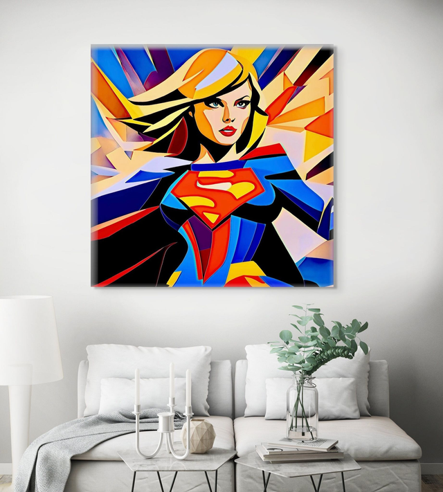 Canvas Wall Art, Supergirl, Superhero digital art, hand drawn, Colourful Comic book art, Wall Decor,