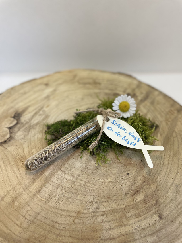 Gastgeschenk „Blumensamen im Reagenzglas“ mit Fischanhänger