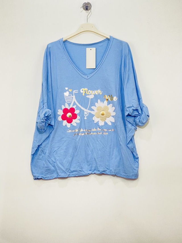 TEE SHIRT BICYCLE FLOWERS BLEU CIEL 