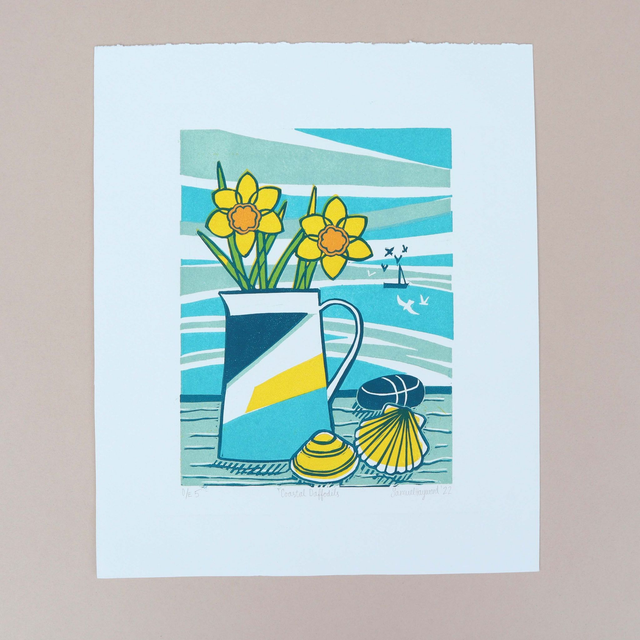 Coastal Daffodils Linocut Print - framed