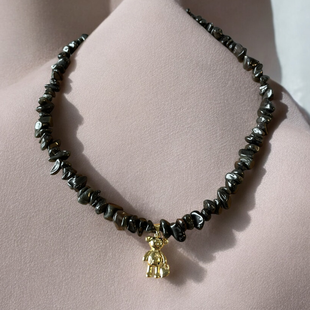 Choker en Obsidienne avec pendentif Ourson 