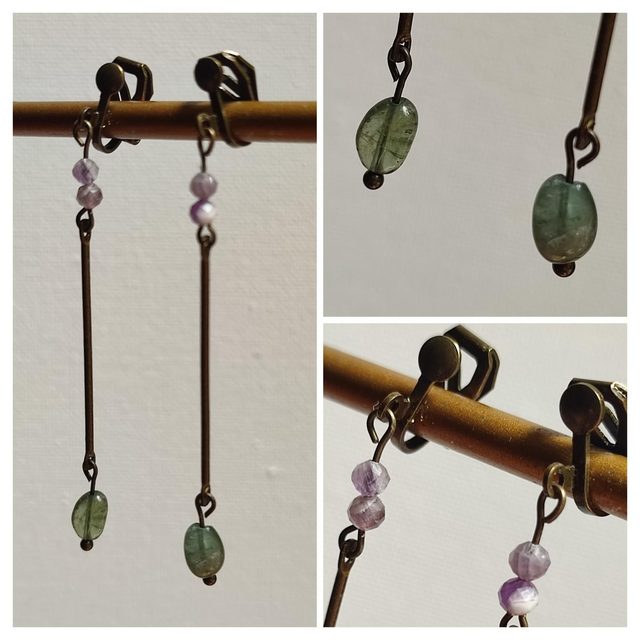 Boucles d&#039;oreilles &quot; clips&quot; en améthyste &amp;sodalite verte ( Vert et blanc)&amp; laiton bronze-sans nickel, peut être monté oreilles percées 