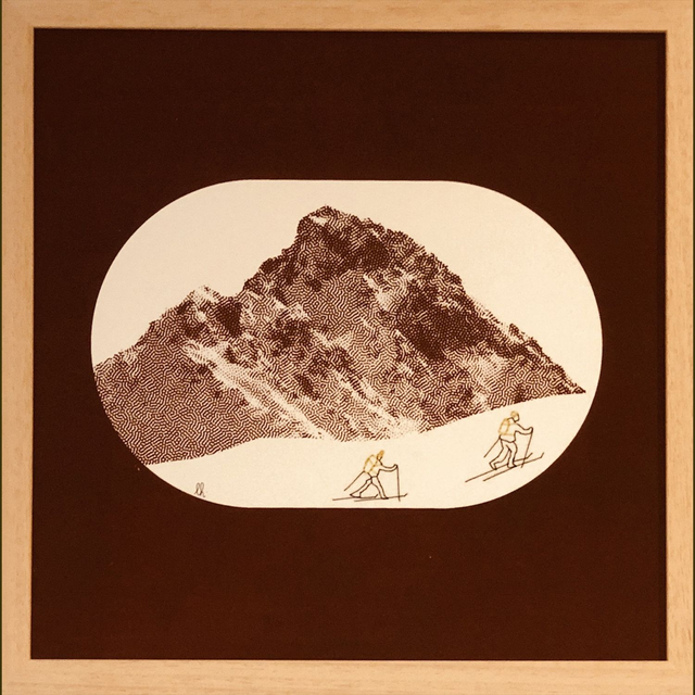 sérigraphie brodée 2 randonneurs encadrée 30X30