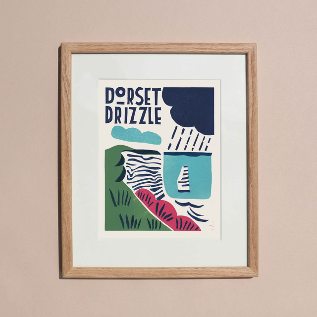 Dorset Drizzle Linocut Print - framed