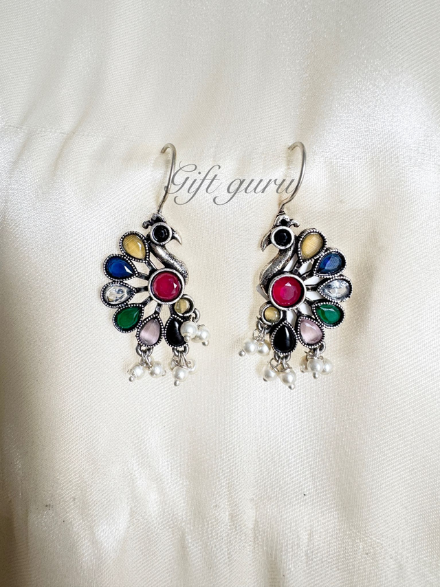  Oxidised Multi-Colour Stone Peacock Earrings 