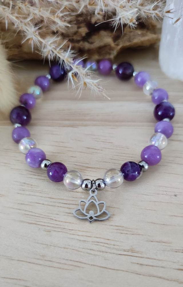 Bracelet "Apaise les pensées négatives" Lépidolite et Améthyste chevron