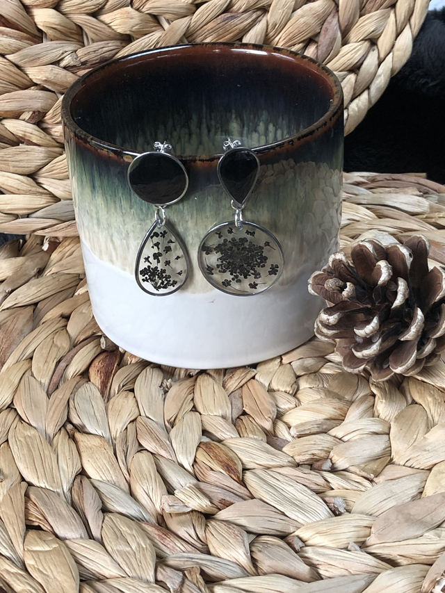 Boucles d'oreilles Black Flower - inclusion fleurs noires