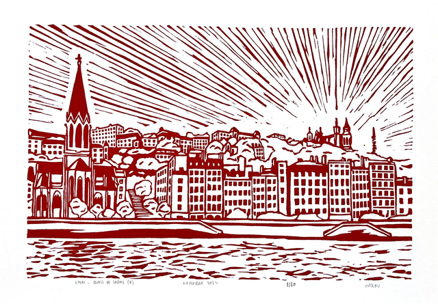 Lyon : Quais de Saône et colline de Fourvière • Linogravure rouge 21 x 30 cm