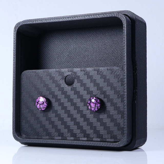 Hypoallergenic Vibrant Electric Cracked Plum Purple Polymer Clay Plastic Rubber Back Stud Earrings With Designer Carbon Fiber Jewellery Box