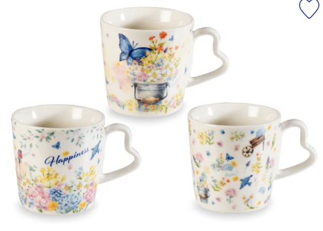 Tazza porcellana floreale 350ml con manico a cuore