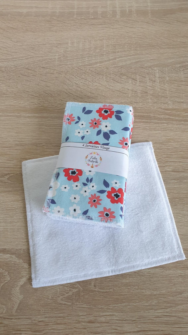 Lot de 4 serviettes visage fleurs bleu