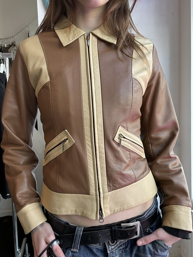 brown and beige leather jacket