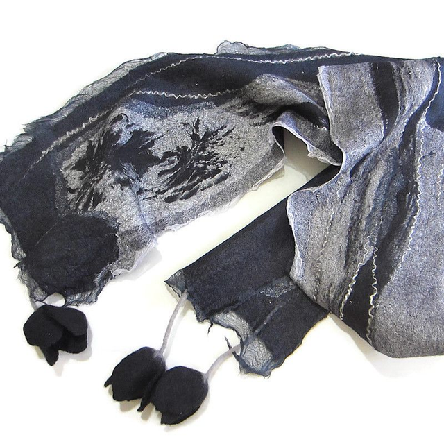 Sciarpa lana merino seta infeltrita fiori tulipani Sciarpa colore nero lunga calda donna fatto a mano regali unici per le donne