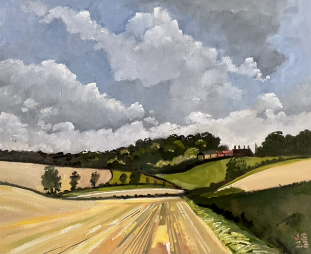 Holmedale Farm, from a stubbled field. 12x10 inch plein air oil on canvas board.