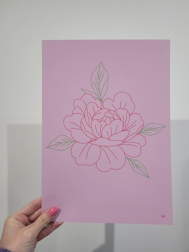 Pink And Green Peony Line Drawing A4 Art Print - FR-006