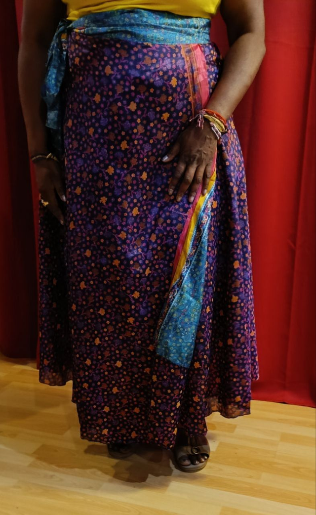 Jupe indienne Portefeuille, en SOIE et polyester, Réversible, longue 1 m, 2 volants, taille unique