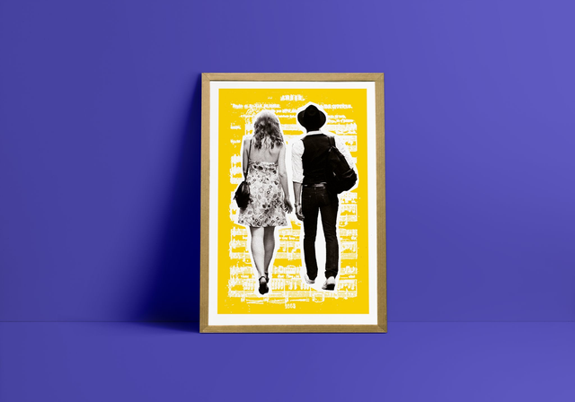 Amour, Affiche en édition limitée, sérigraphie artisanale | love song, couple, musique, partition, jaune, pop art, wall decor, decoration