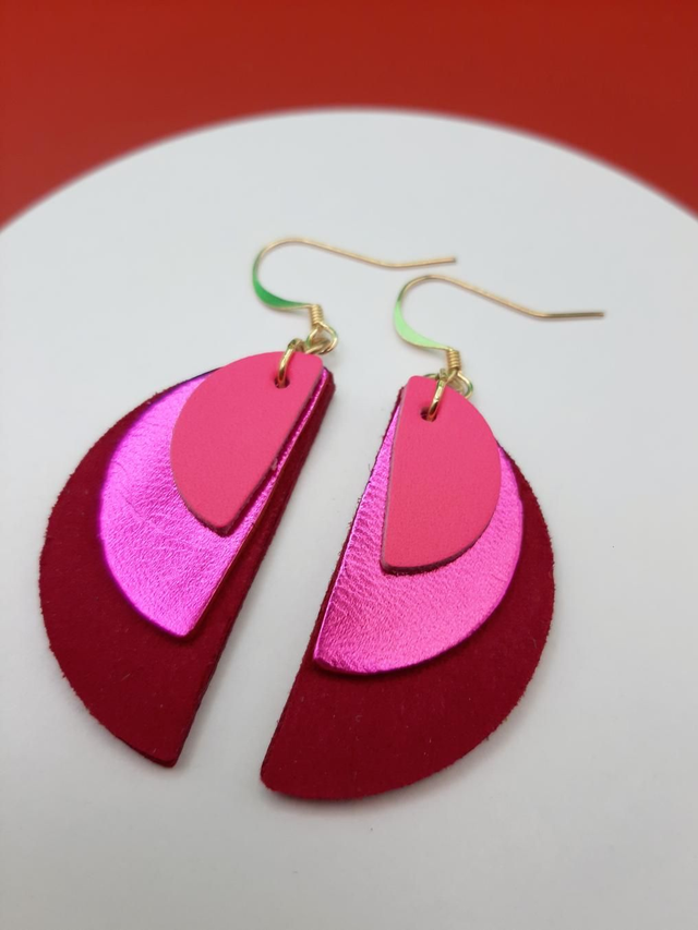 Semi circle drop earrings  - pink / red
