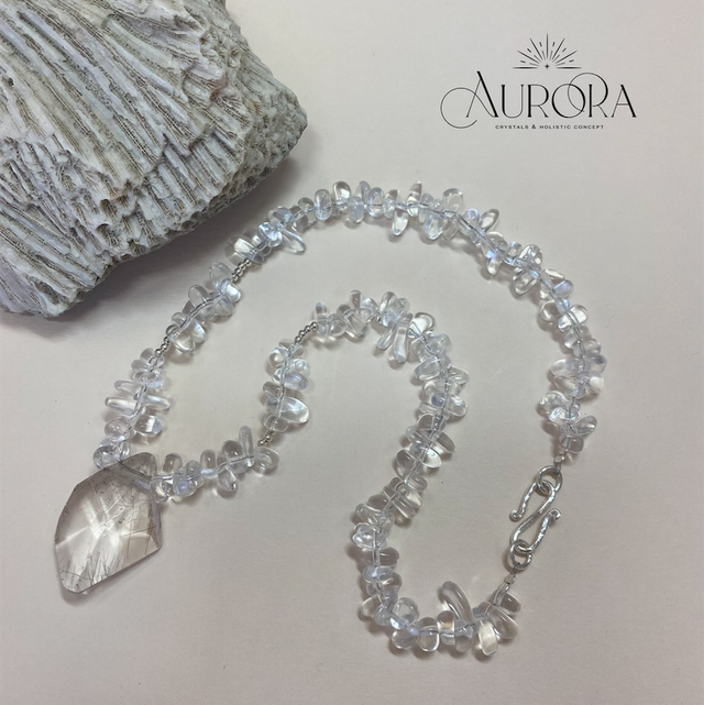 CRYSTAL STAR Statementkette Bergkristall Rutilquarz 925 Silber 