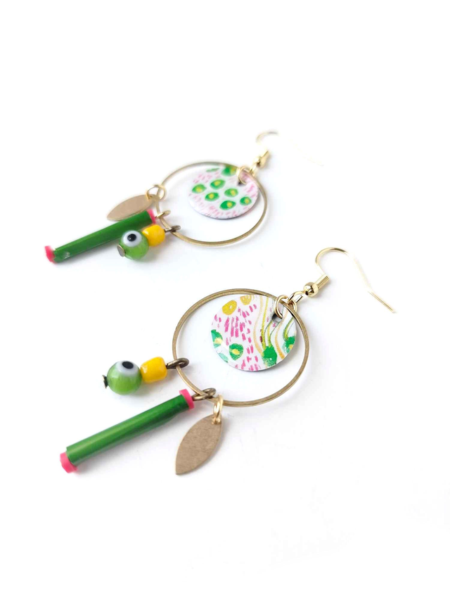 Créoles Upcyclées en Carte de Tarot, Chambre à air de tracteur et Perles Recyclées - Champètres