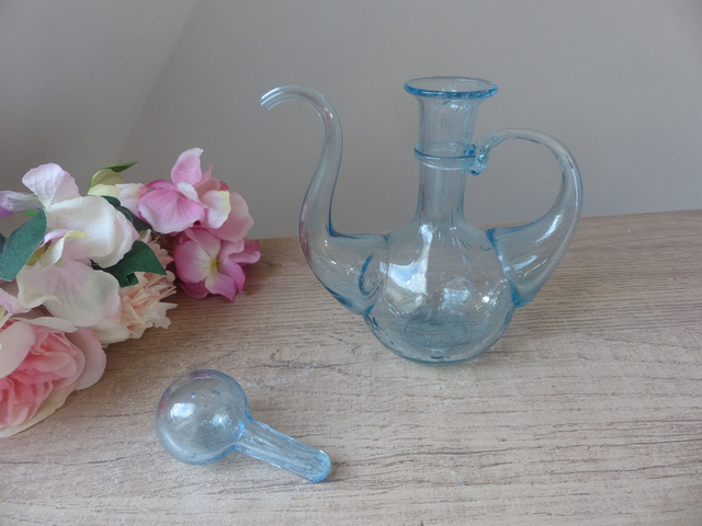 Ensemble Huilier et Vinaigrier en Verre Bullé Soufflé – Verrerie de Biot – Artisanat Français Signé – Bleu Aqua Vintage – Décoration Table