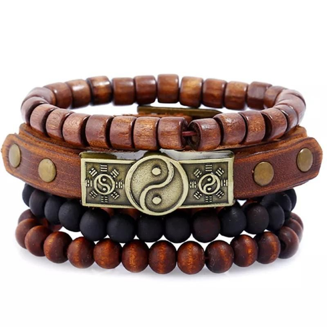 Yin Yang Armband set | mannen | hout en leer | feng shui