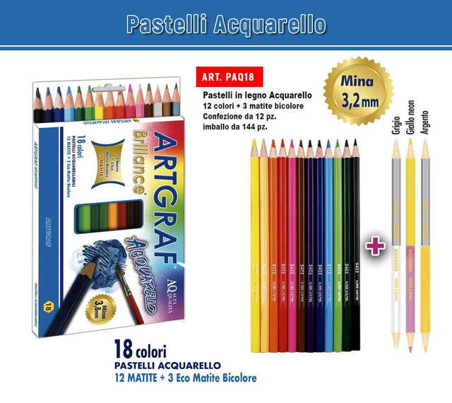 PASTELLI ARTGRAF ACQUERELLO 12 + 3 MATITE BICOLOR  