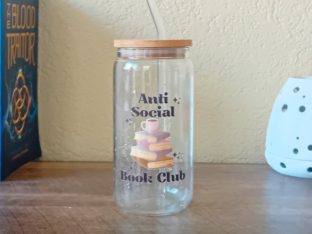 Gobelet en Verre 550ml - Antisocial book club - Paille en Verre et Couvercle en Bambou