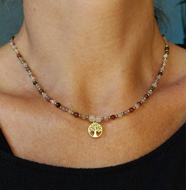 Collier "arbre de vie" en Tourmaline et Quartz rose facetté 