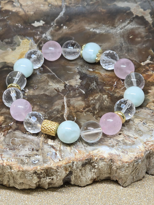 Bracelet Garniérite, Quartz rose, Cristal de roche en 1cm