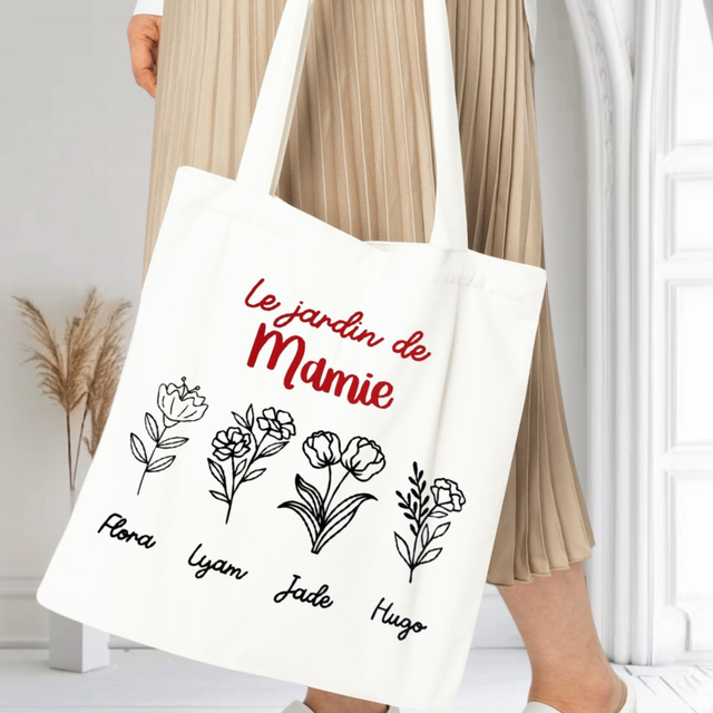 Tote Bag Personnalisé "Le Jardin de Mamie" – Cadeau Fête des Grand-Mères avec Prénoms des Petits-Enfants – Coton Certifié Oeko-Tex