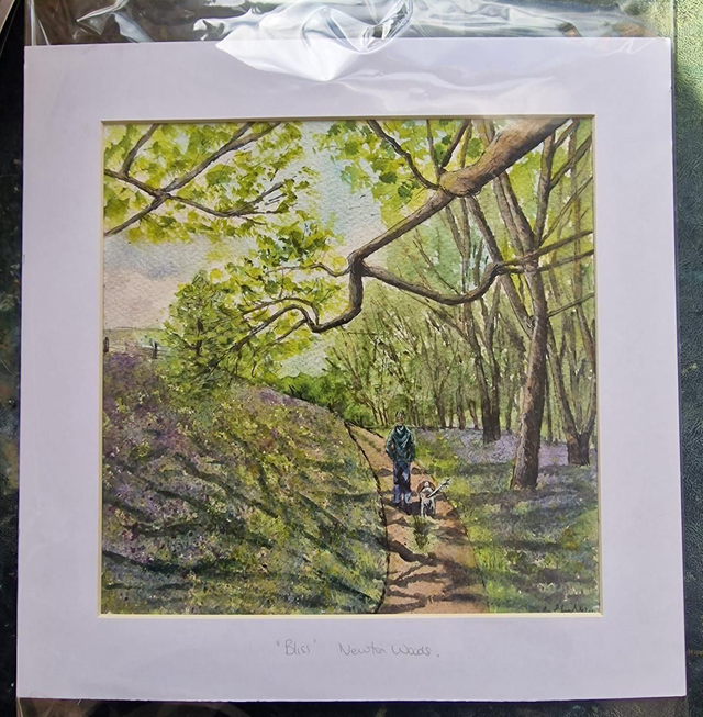 Original ink and wash -Bliss, walking through Newton Woods with Bluebells in full bloom. 8x8 inch original watercolour paintings. Calming art.