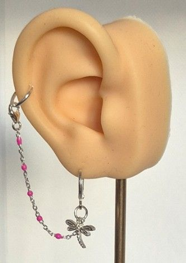 Sterling Silver Helix Clip on Tassel Earring with Silver Dragonfly