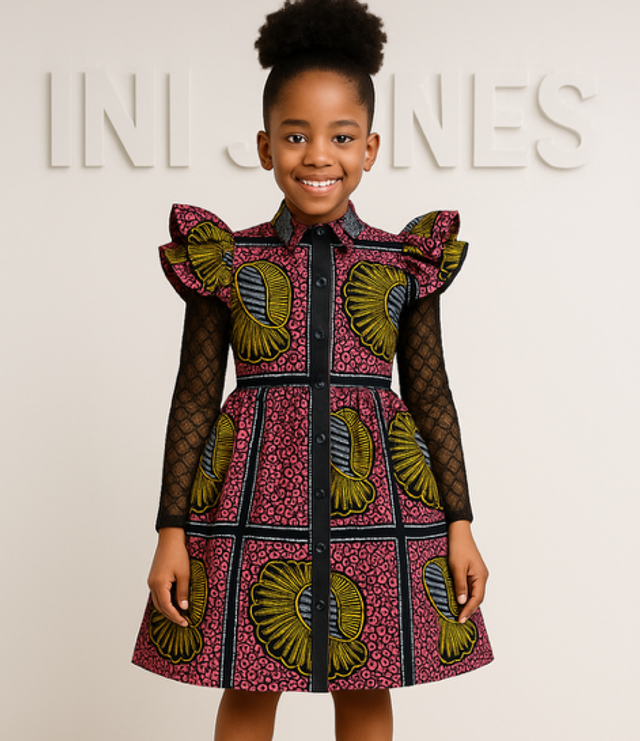 Pink & Yellow Ankara Ruffle-Sleeve Girl Party Casual Dress