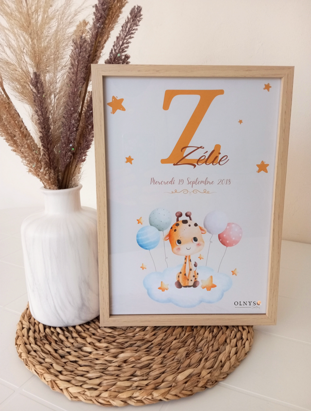 Affiche Naissance Prénom (personnalisable) - Girafe avec ballons