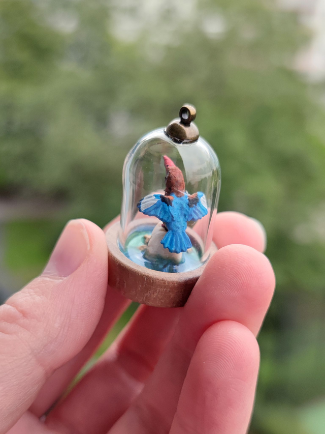 White throated kingfisher - one of a kind miniature diorama jewelry