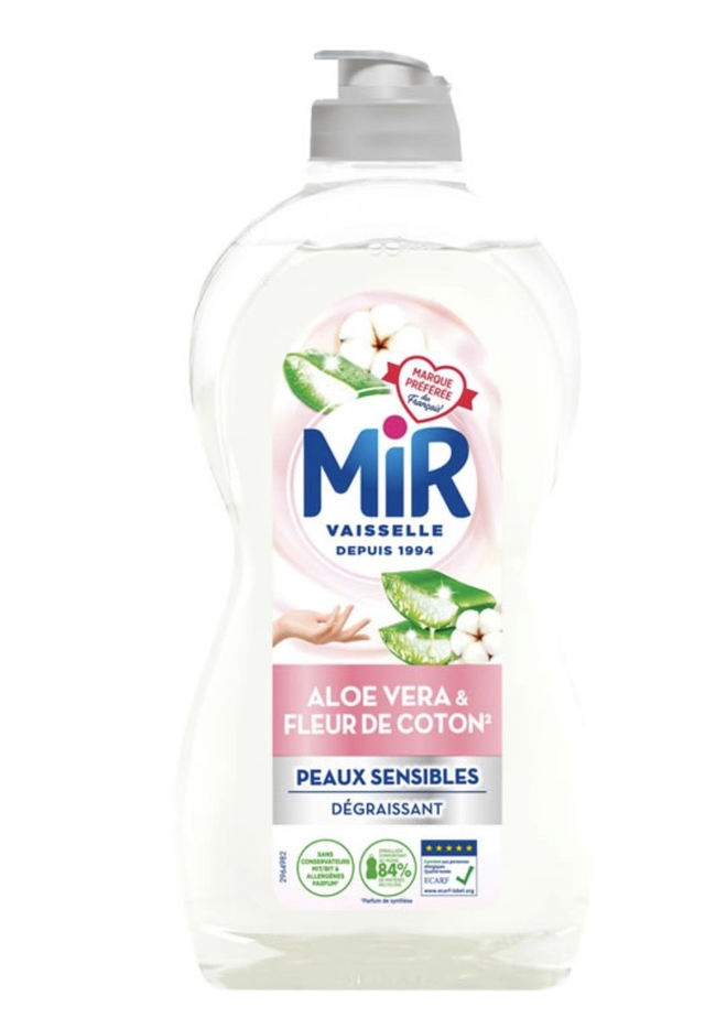 MIR Liquide vaisselle Aloe Vera Fleurs de Coton Hypoallergénique Dégraissant Peaux Sensibles