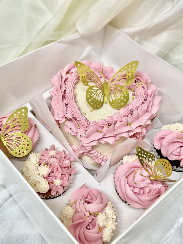 Pink Butterfly Bento Heart Cake & Cupcakes
