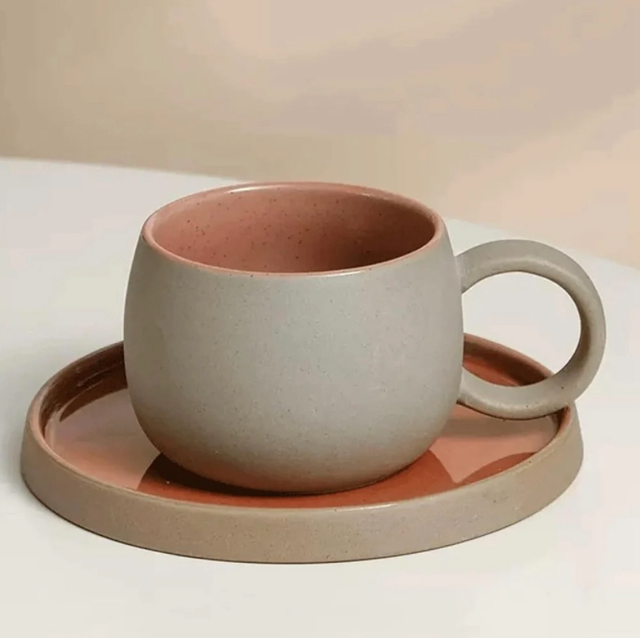 Handmade Ceramic Cup with Saucer/Plate 250ml - Pink