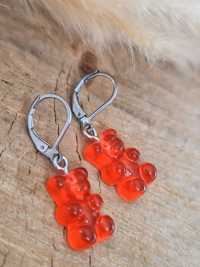 Boucles d'oreilles "Oursons" - Modèle orange translucide